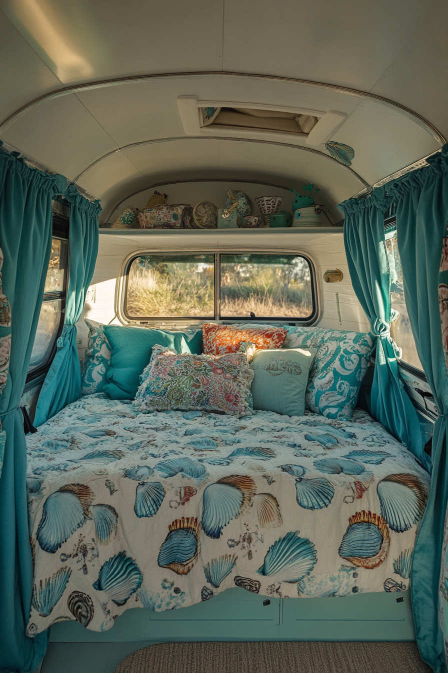 Ocean-themed camper sleeping area. Turquoise curtains and shell-patterned bedding.