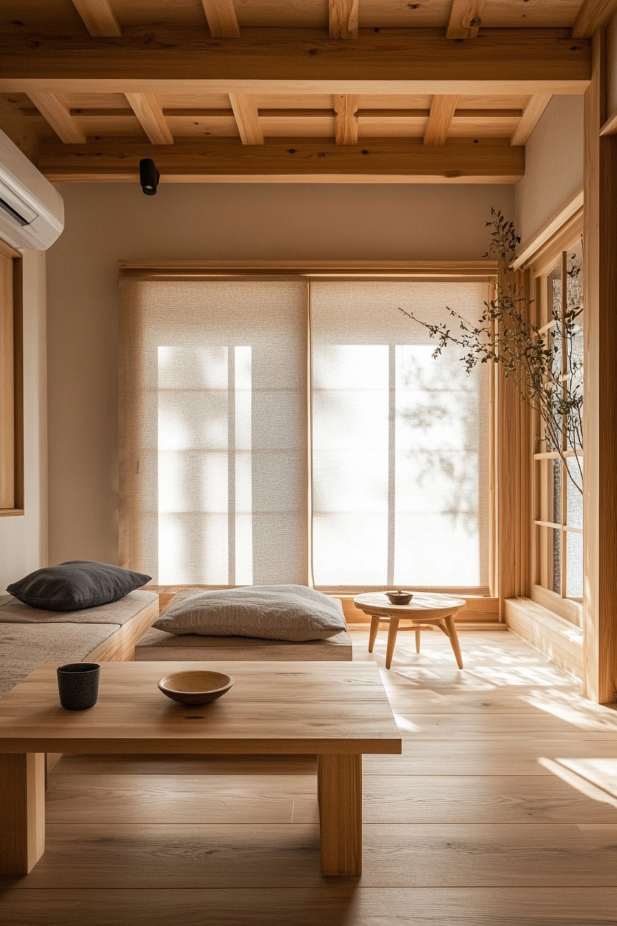 Tiny home interior. Light wood minimalist kotatsu in a hygge-inspired space.