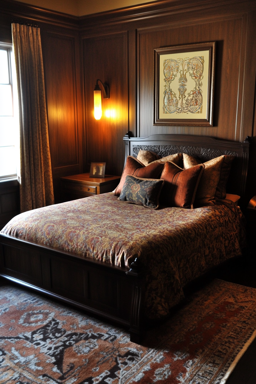 Fall bedroom. Dark wood furniture with art deco-inspired patterns and autumn-toned bedding.