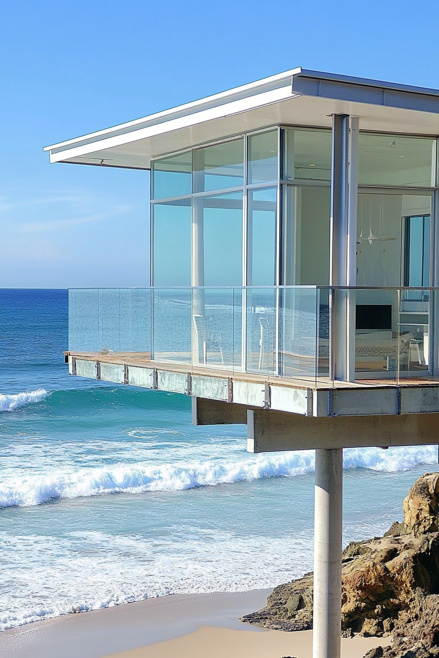 Compact beach house. Glass facade, stilt base, panoramic deck view of blue ocean waves.