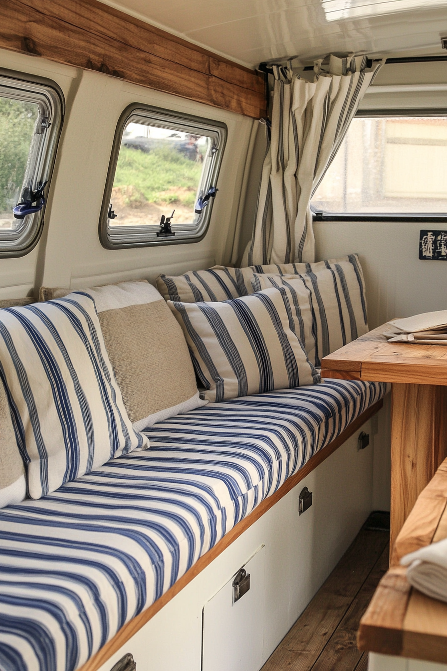 Camper van interior. nautical striped cushions on wooden benches