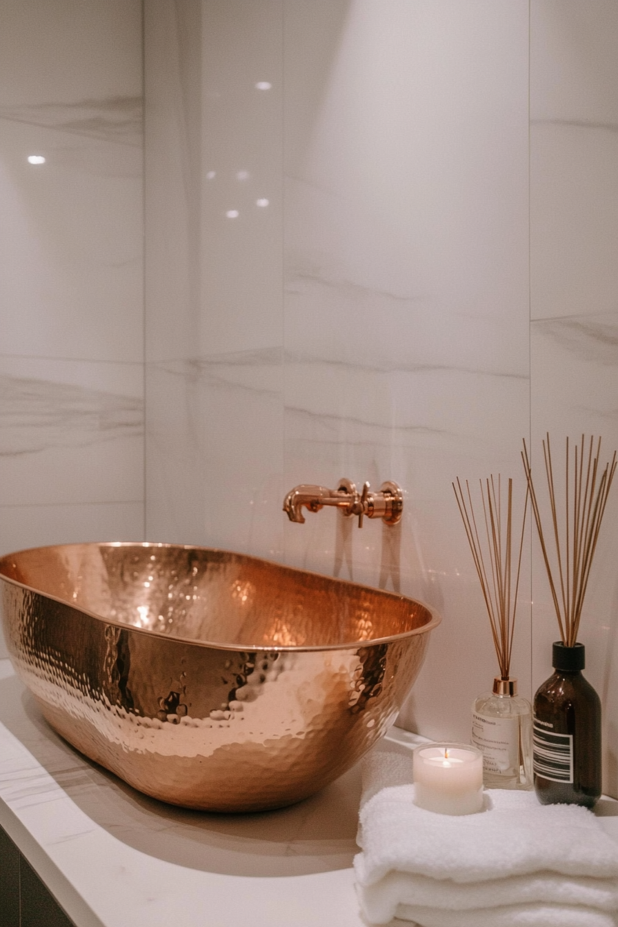 Small luxurious bathroom. Copper sinking bathtub amidst white marble tiles with incense aroma diffuser.