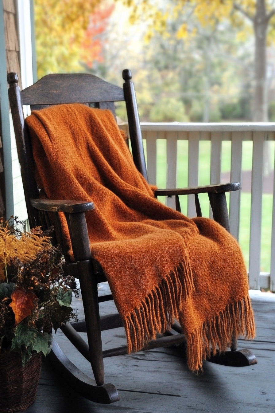 Fall porch. Vintage rocking chair with lush orange autumn throw.