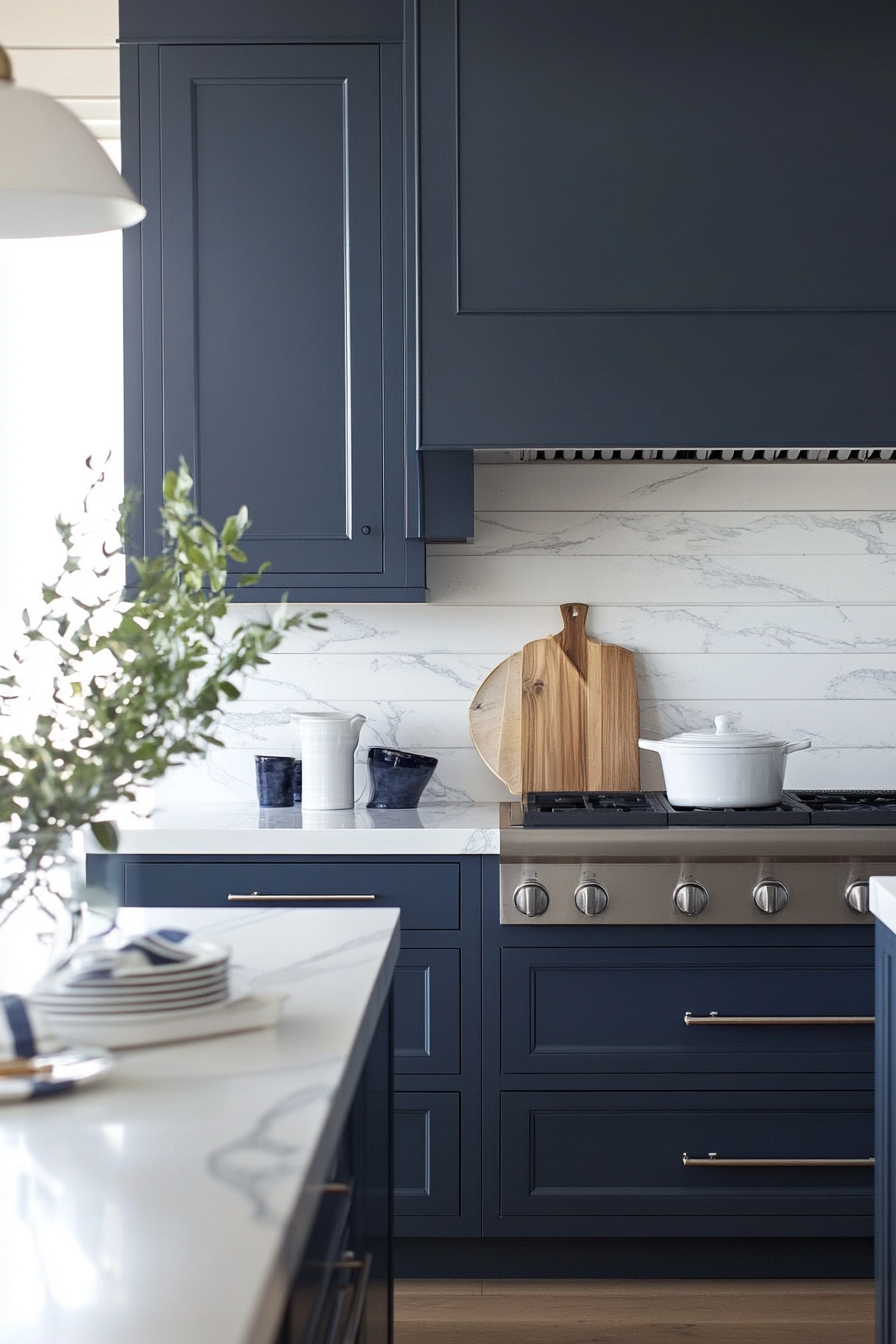 Coastal modern kitchen. Navy blue cabinets with white marble countertops.