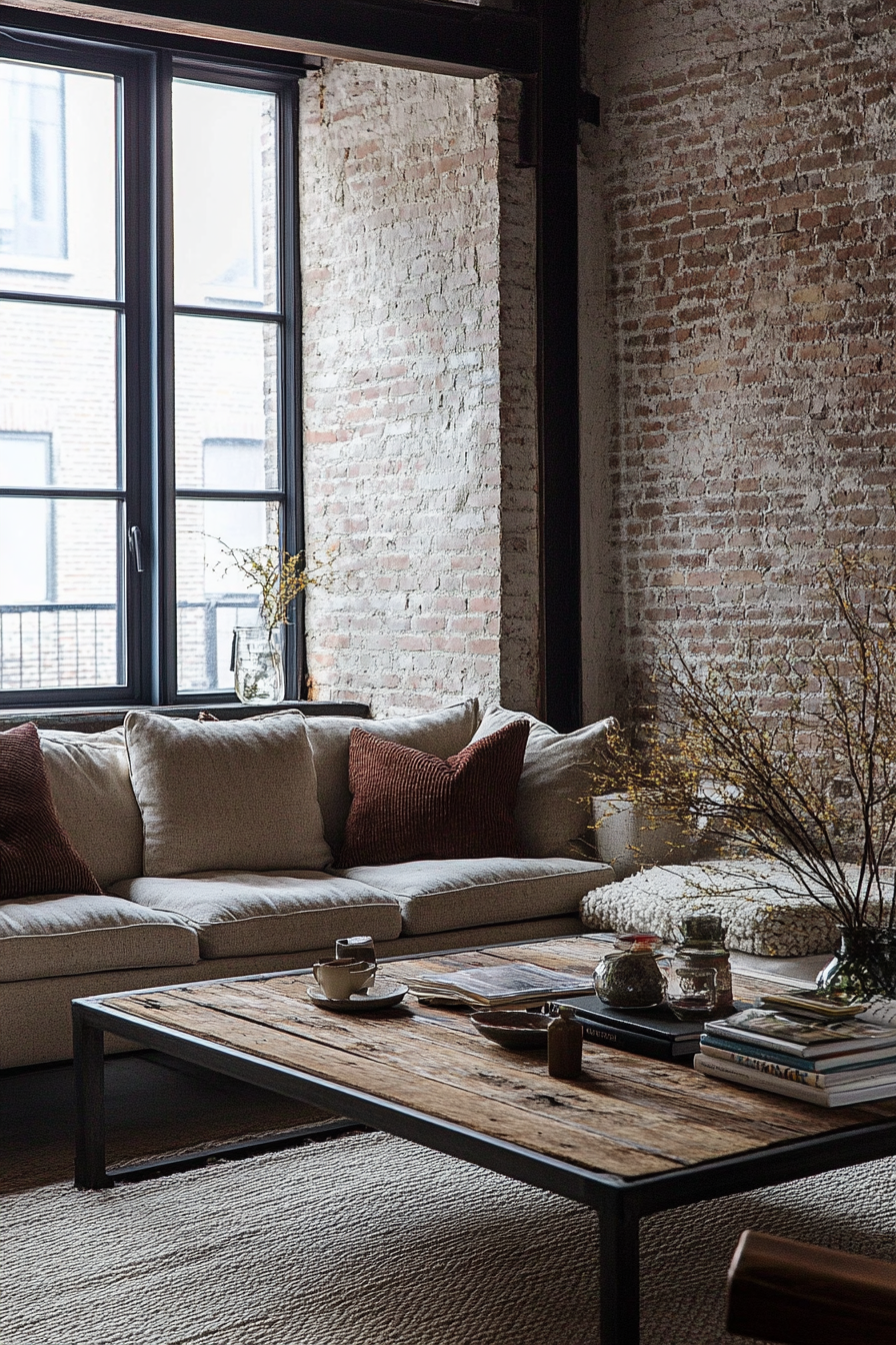 Fall living room. Bare brick walls, tweed cushioned steel framed couch, reclaimed wooden coffee table.