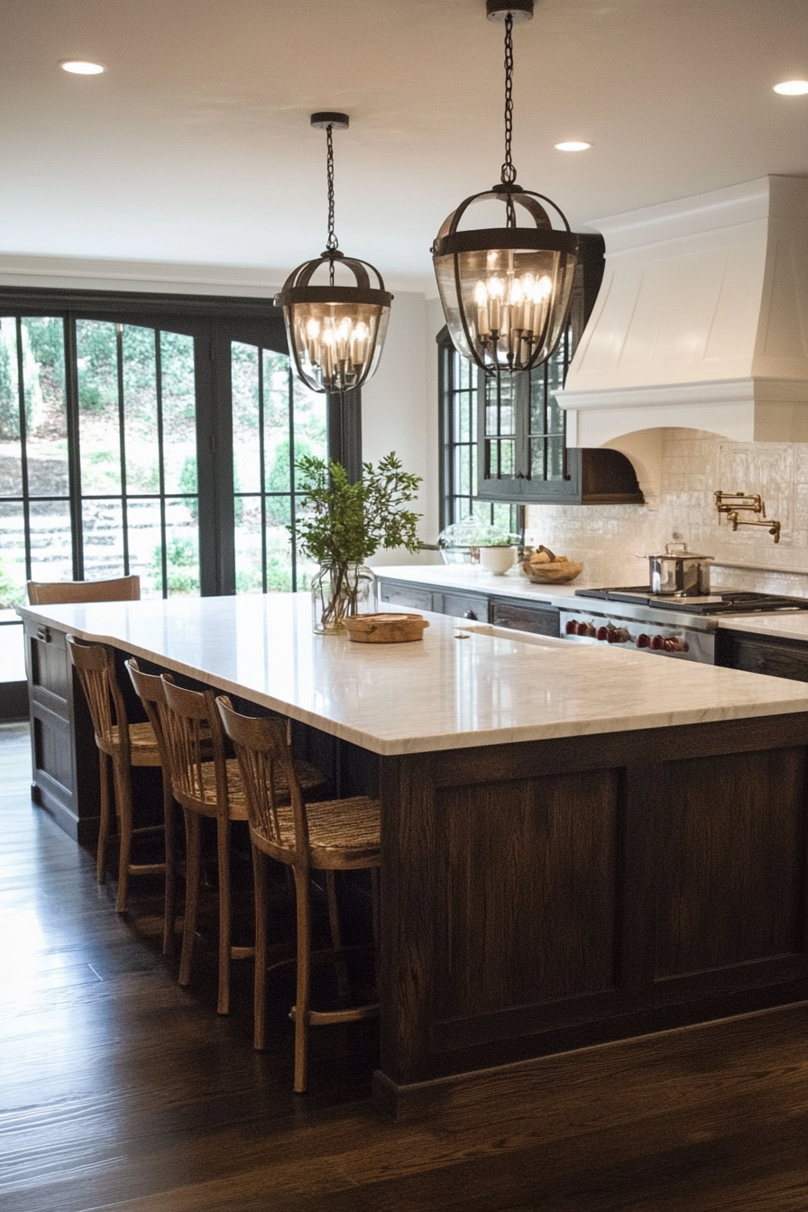 Farmhouse kitchen. Dark wood island with white marble countertop.