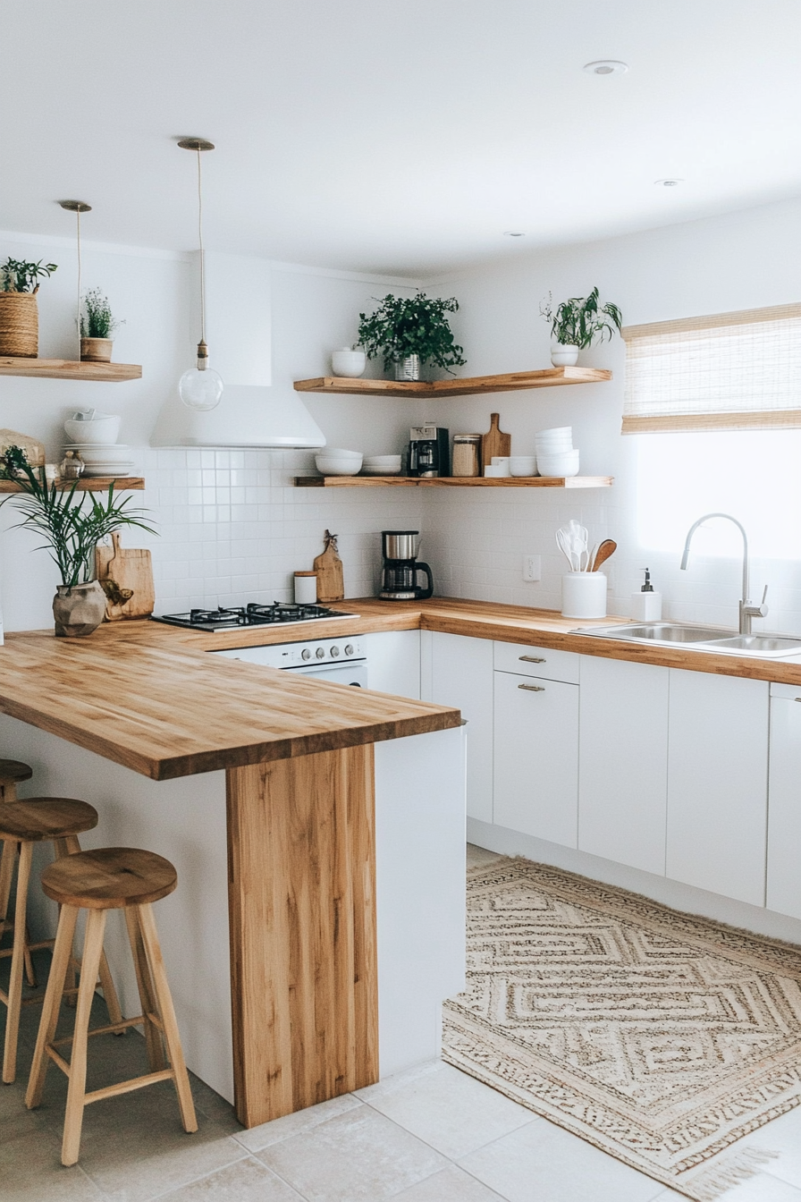 Japandi kitchen transformation. Minimalist white cabinetry with wooden accents.