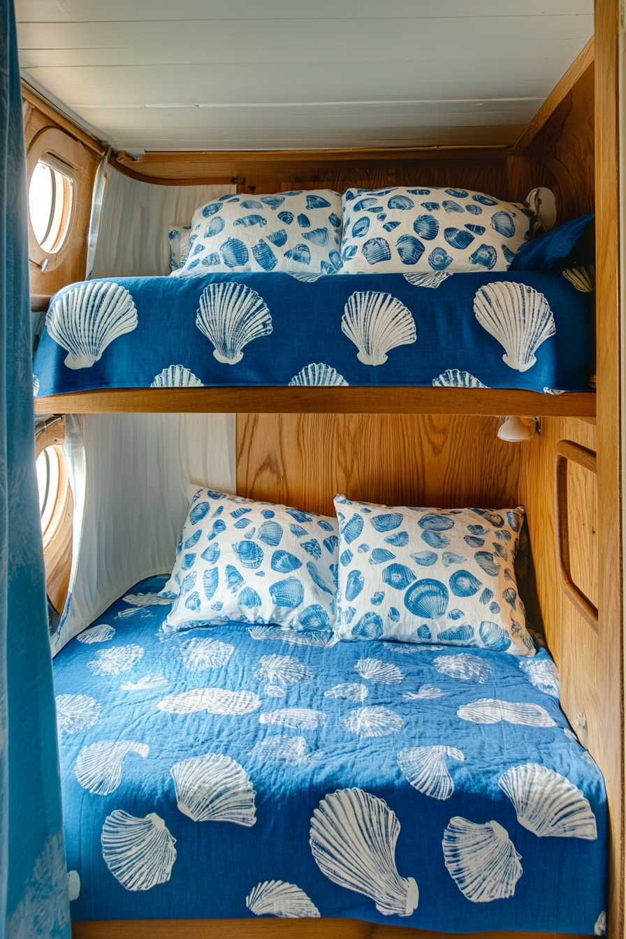 Ocean-themed camper sleeping area. Blue, seashell patterned bed linen in bunk bed.