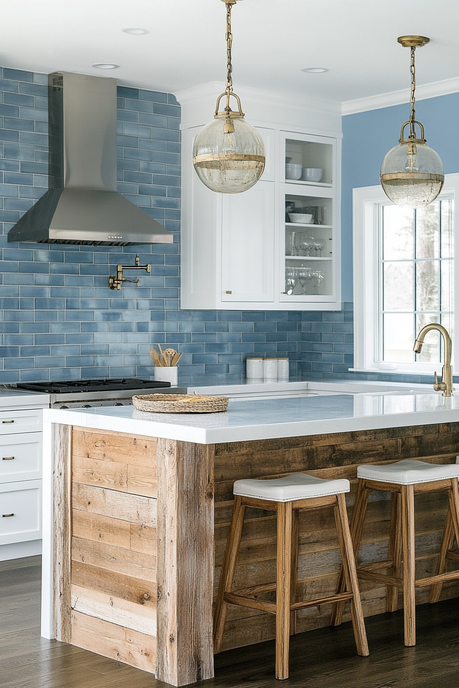 Coastal modern kitchen. Blue subway tiles, white cabinets, and driftwood accents.