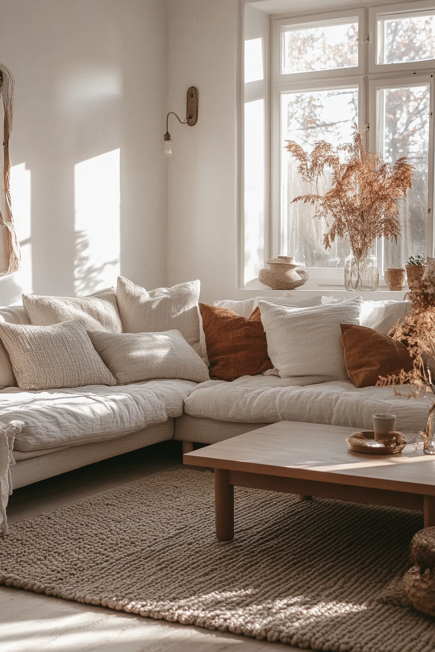 Fall living room. Minimalist Japandi design with autumn accents.