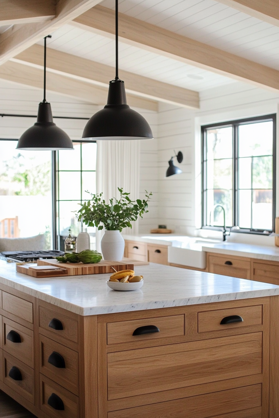 Modern farmhouse kitchen. Natural wood island with marble countertop.