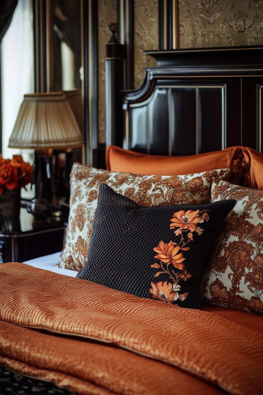 Fall bedroom decor. Dark wood furnishings with art deco patterns and burnt orange linens.