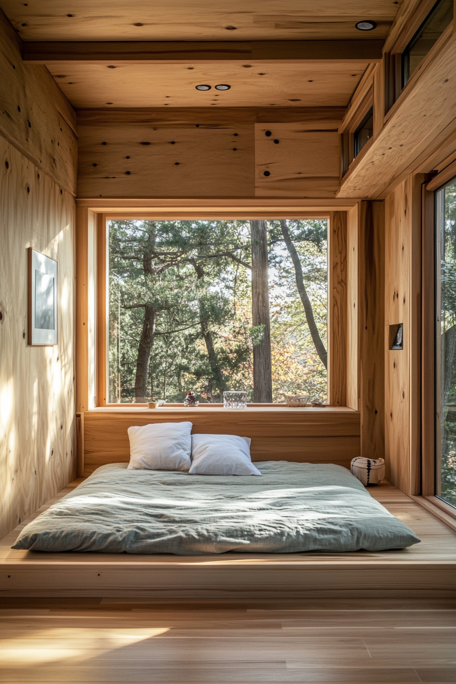 Tiny home interior. Low platform bed, tatami mats, fir wood paneling.