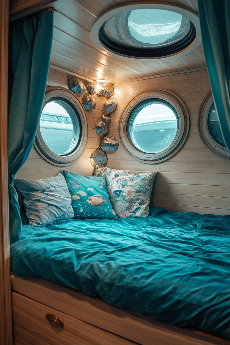 Ocean-themed sleeping area in camper. Aqua blue comforter over a berth framed by porthole windows.