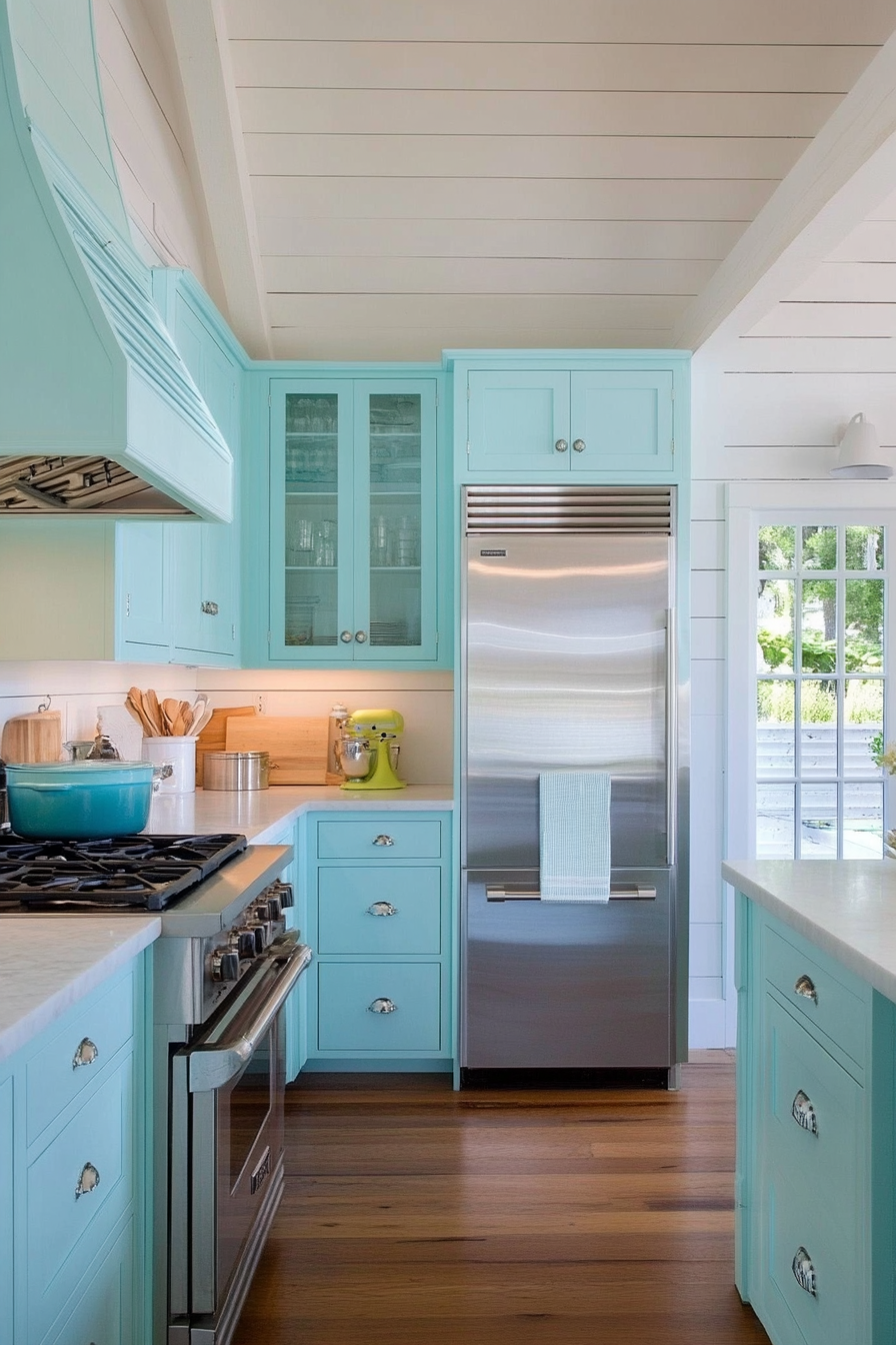 Coastal-themed vintage kitchen. pastel blue cabinets and white ship-lap walls.