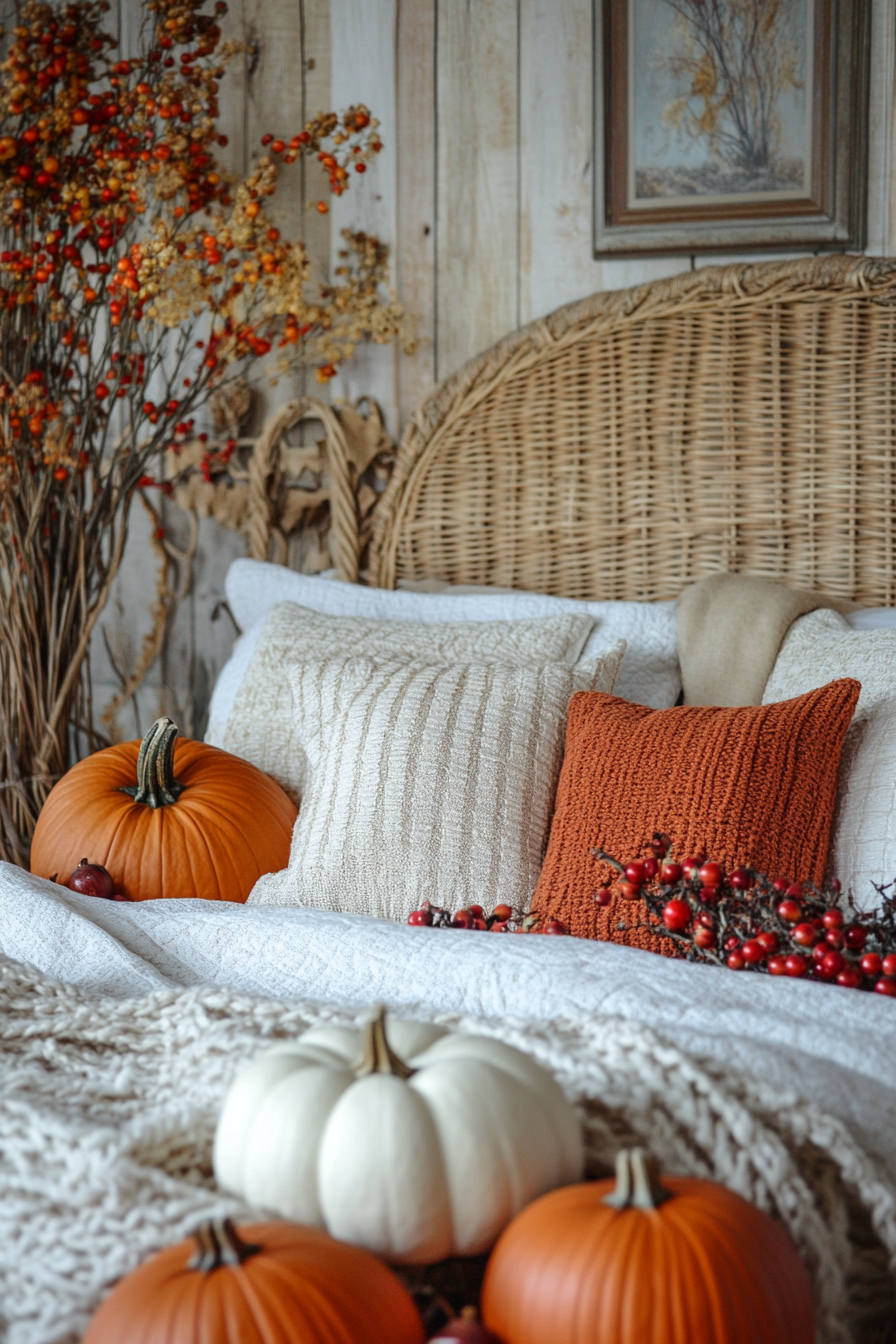 Fall bedroom. Wicker bed with seasonal pumpkin and berry decor.