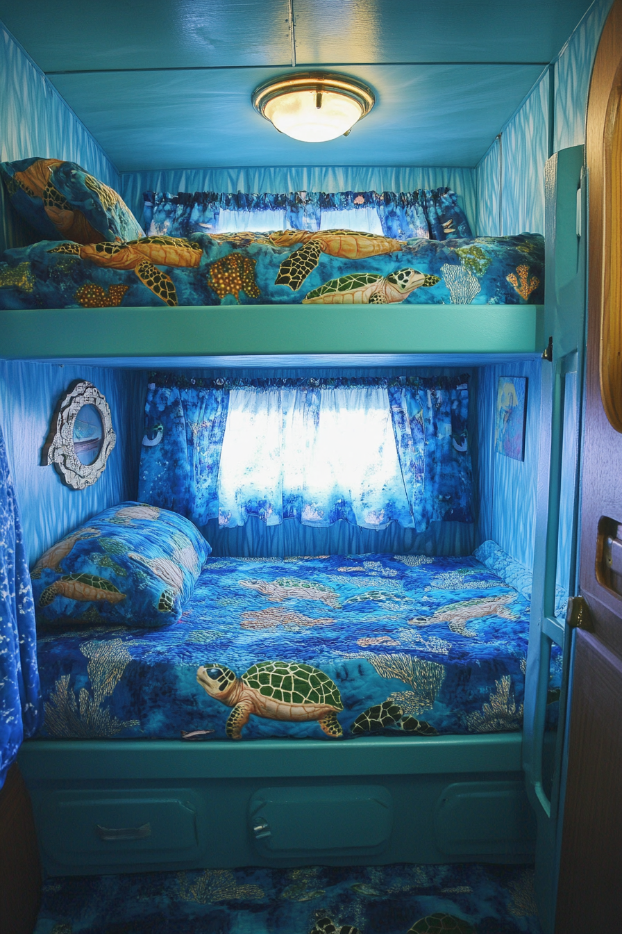 Ocean-themed camper sleeping area. Compact bunk beds with sea turtle comforters.