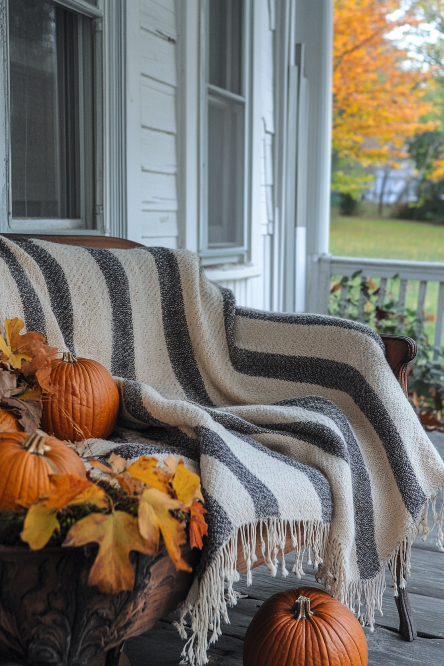 Fall porch. Stripes blanket on an aged couch.