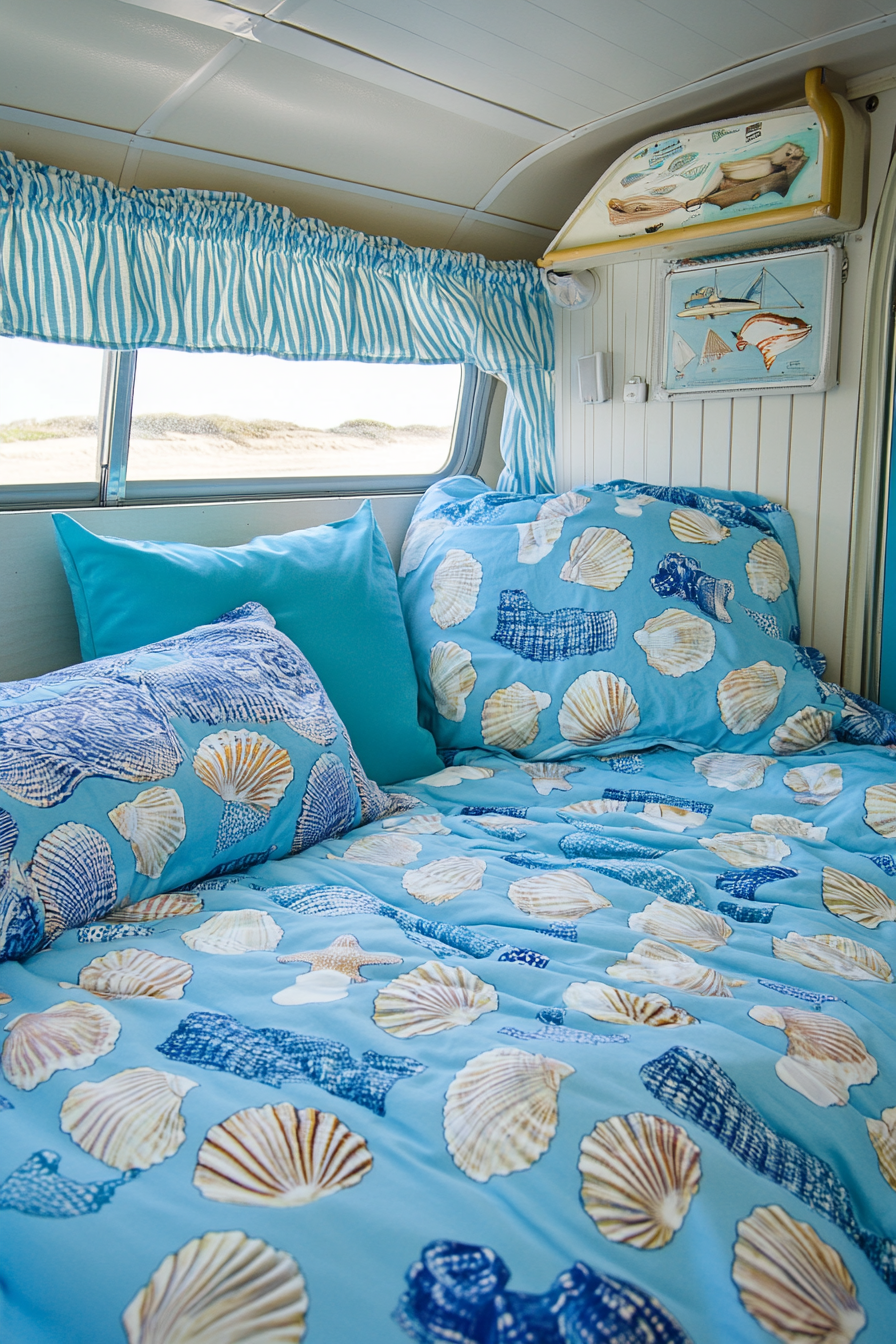 Ocean-themed camper sleeping area. Blue seashell-patterned duvet.