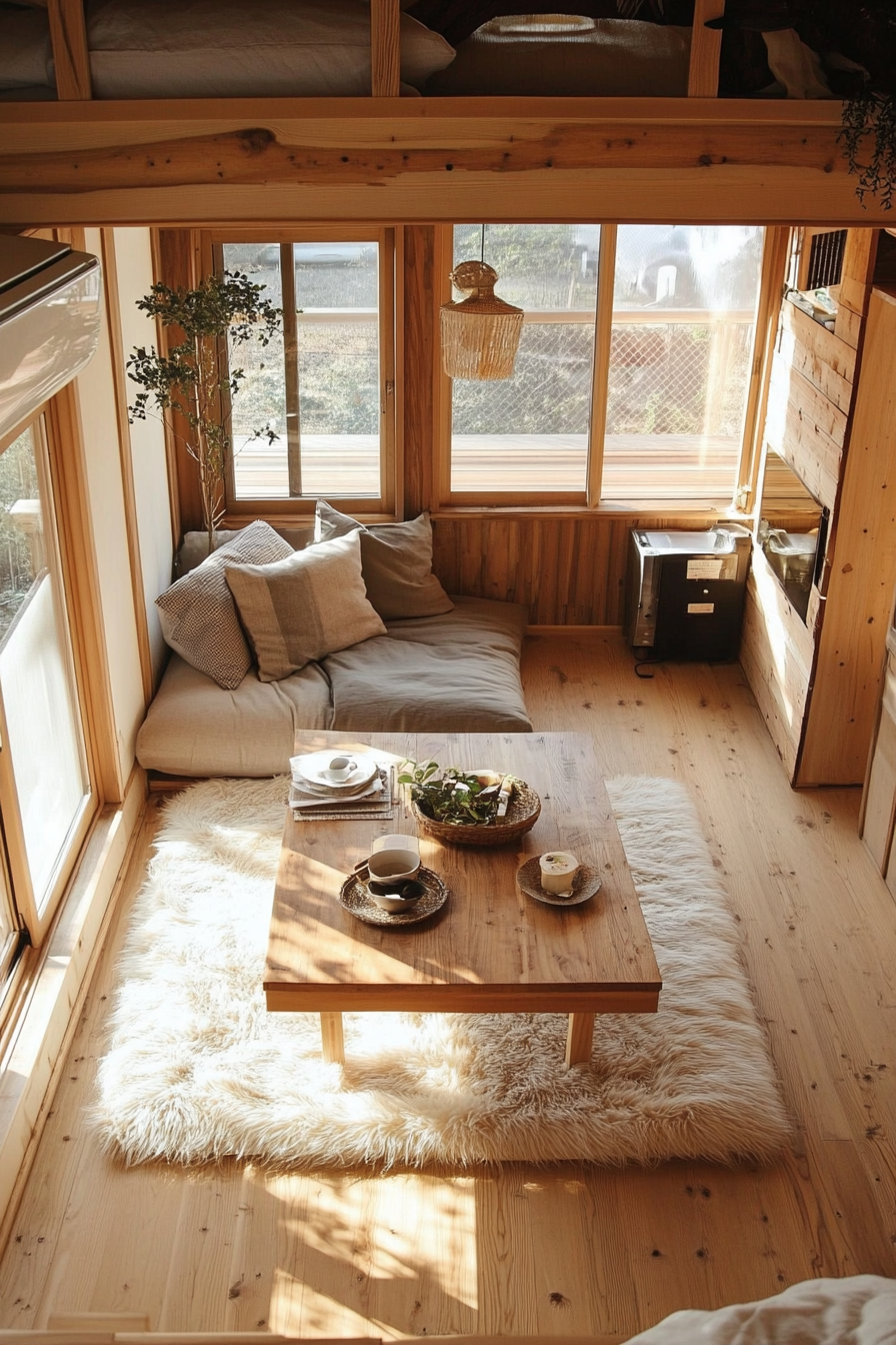 Tiny home interior. Japanese-style low wooden table with fluffy Scandinavian rugs.