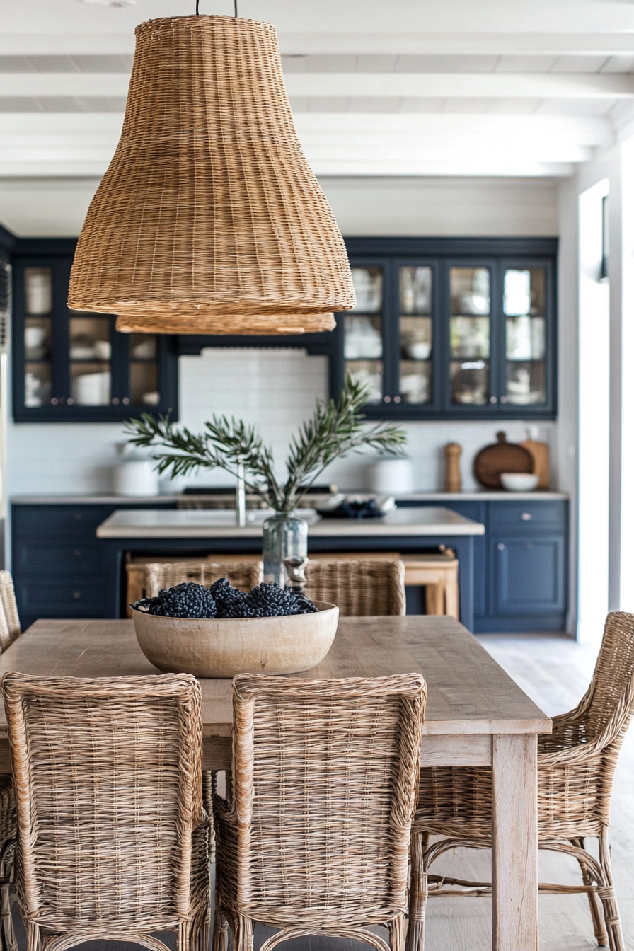 Coastal kitchen. Wicker dining chairs and vintage navy-colored cabinets.