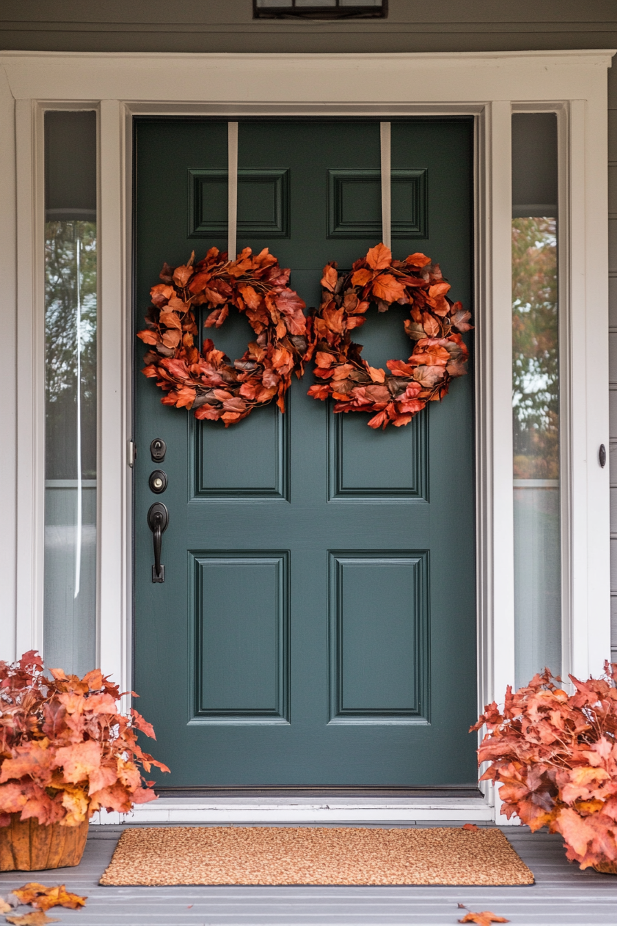 Fall porch. Forest green door with rust-colored autumn wreaths.