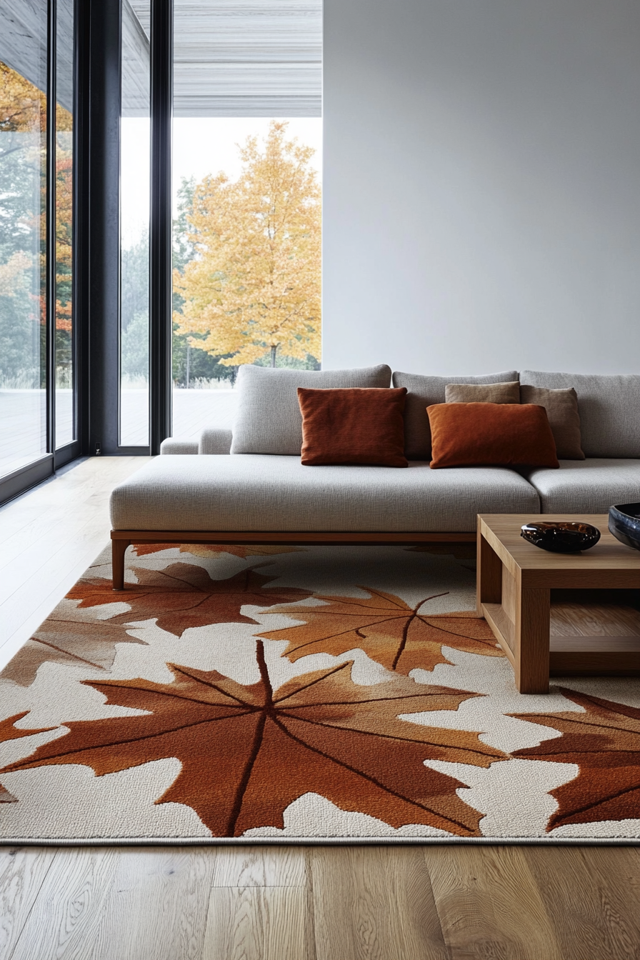 Fall living room. Maple-leaf patterned rugs surrounded by minimalist wood-frame furniture.