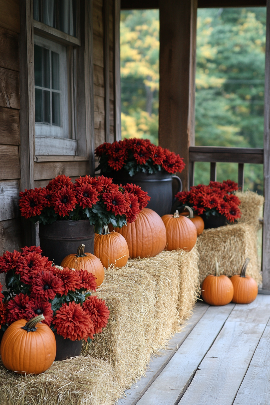 Fall porch. Rustic hay bales, pumpkins, and red chrysanthemums.