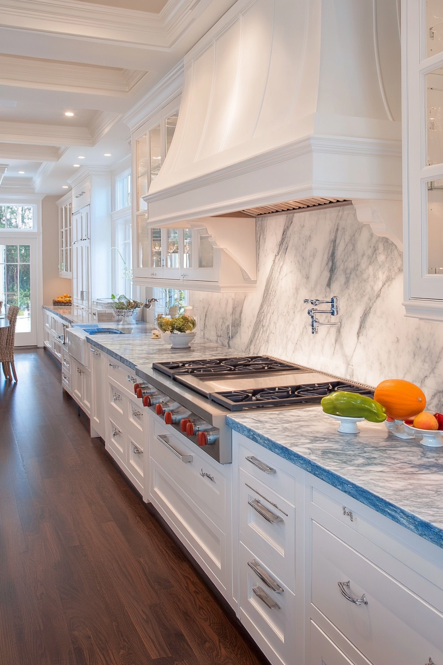 Coastal modern kitchen. Blue marble countertops with white cabinetry.