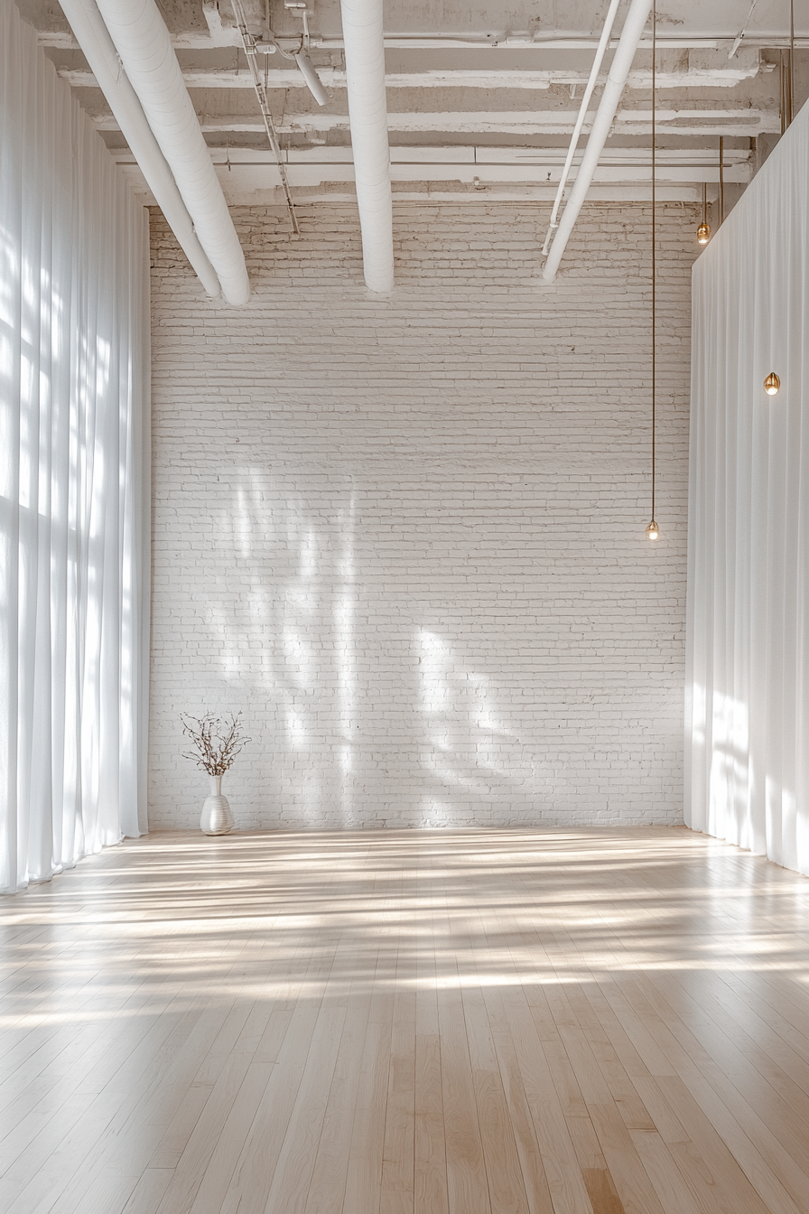 Upscale yoga studio interior. Minimalist design with bamboo floors and white brick walls.