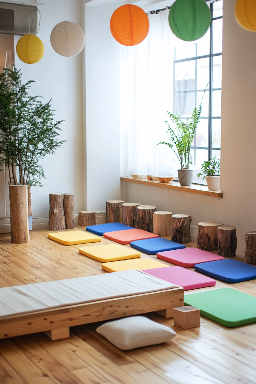 Compact kids' yoga area. Natural wooden balance beam with rainbow mats.