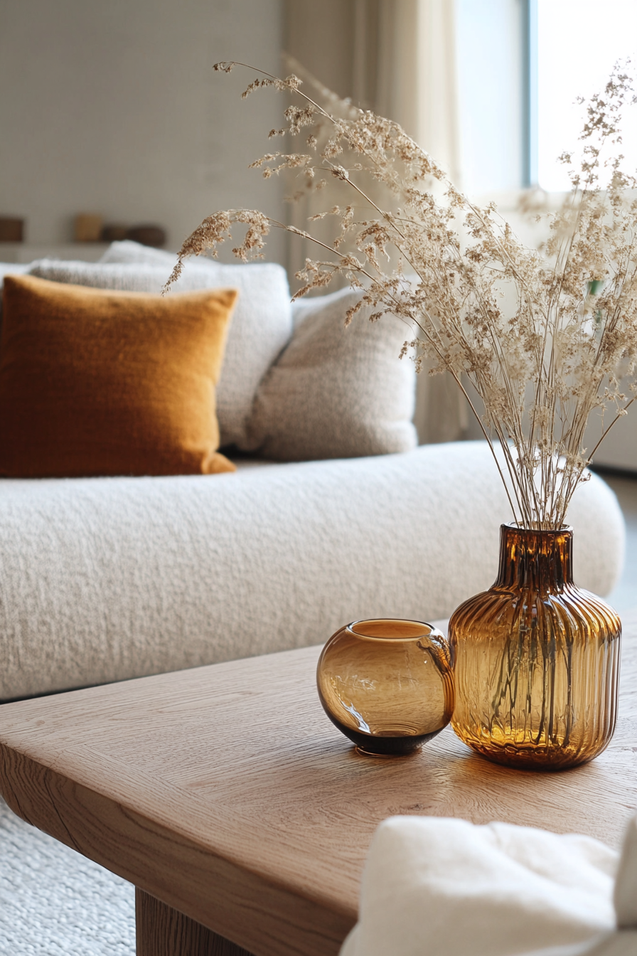 Fall living room. Minimalistic wood tabletop with an amber colored glass vase.