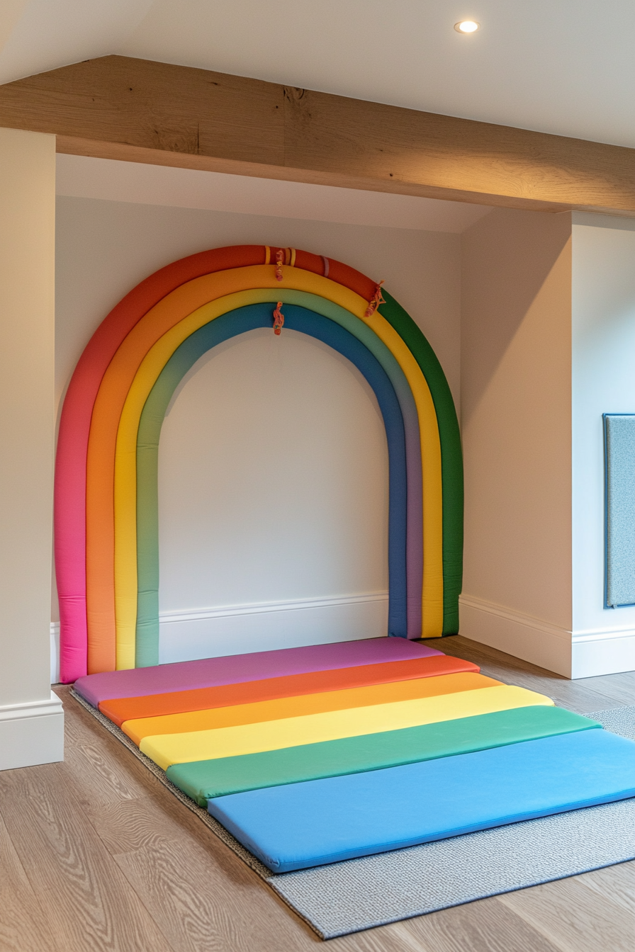 Kids' yoga area. Compact corner with Montessori rainbow climbing arch.