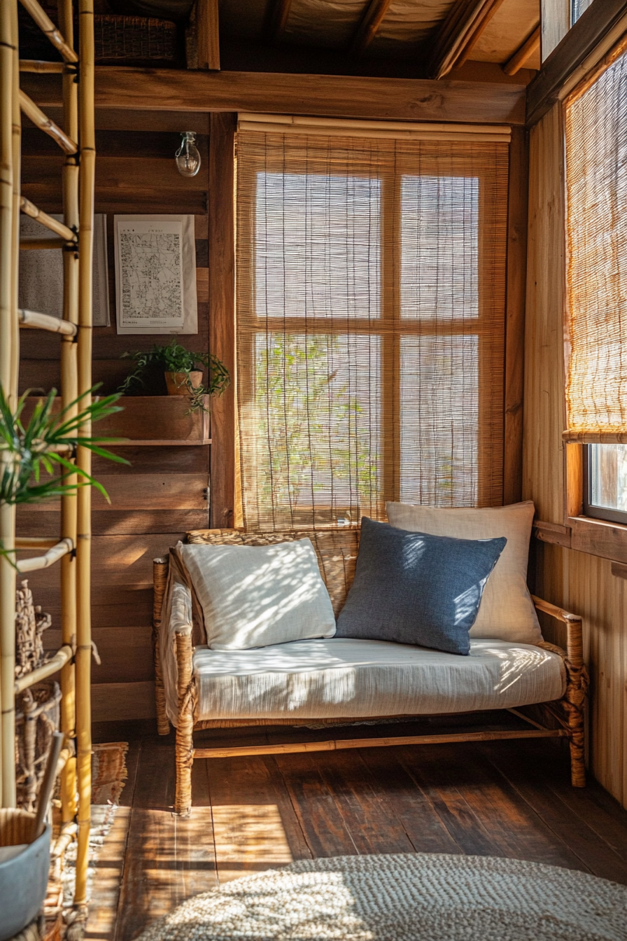 Tiny home interior. Bamboo screens and unpainted wood hues.