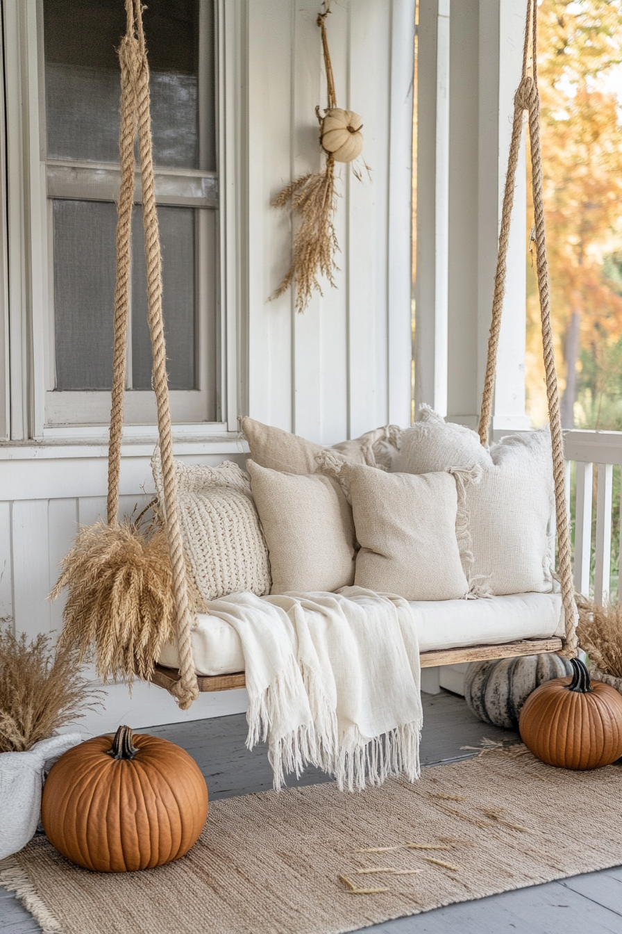 Fall porch. Boho swing with traditional pumpkins and dried wheat bundle.