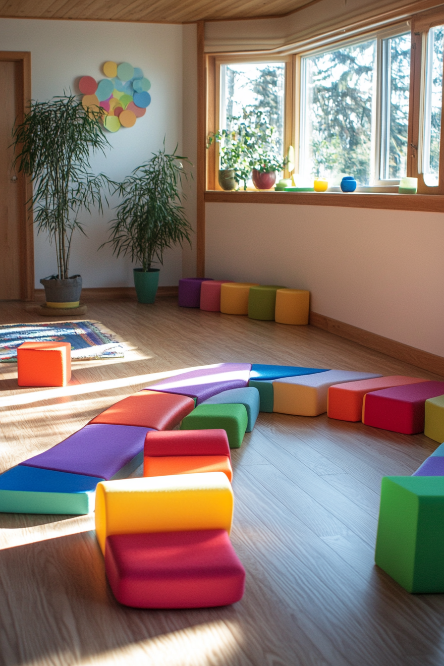 Kids' yoga area. Small Montessori mats with colorful foam blocks arranged in a semi-circle.