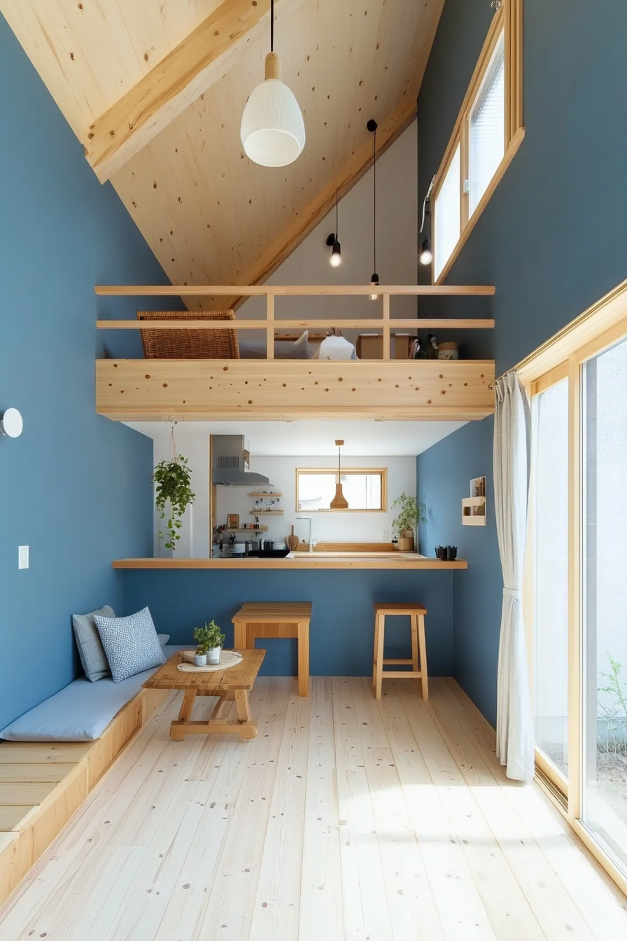 Tiny home interior. Japanese minimalism with a Scandinavian fjord-blue wall.