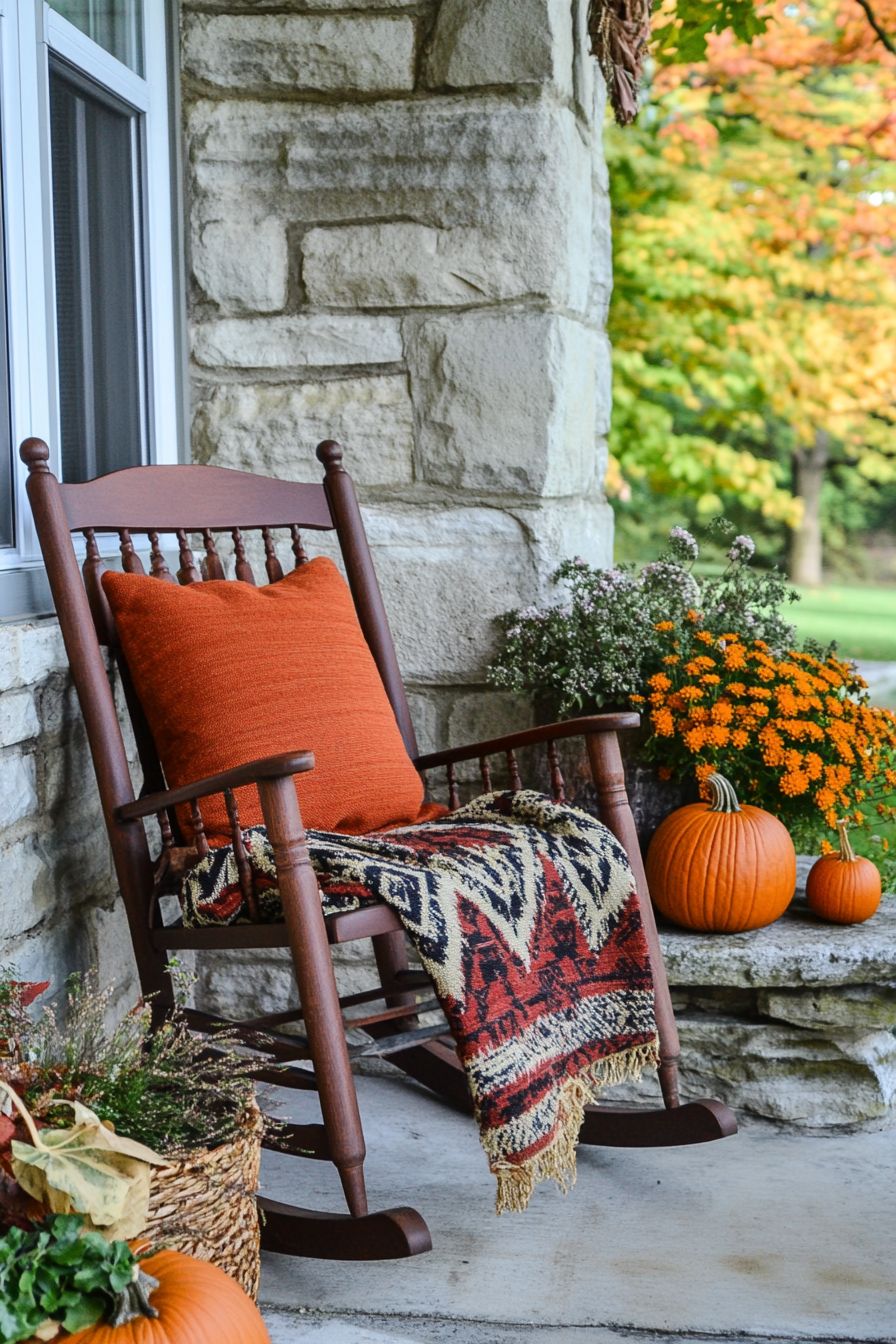 Fall porch. Traditional rocking chair, rust orange cushions with a boho, patterned throw.