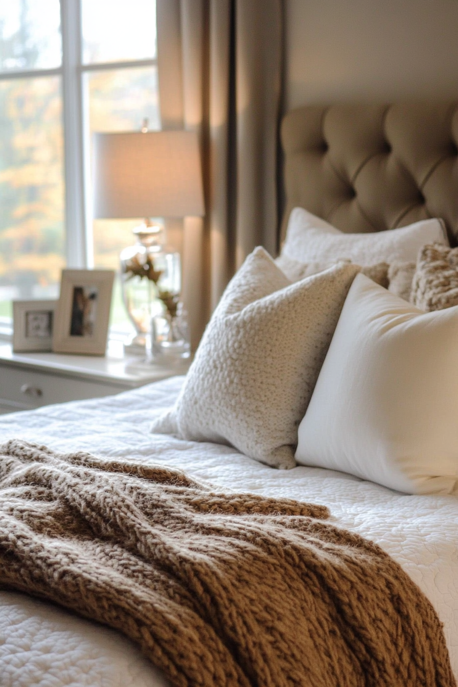 Fall Bedroom. Wool throw blankets in earth tones and crystal bedside lamps.