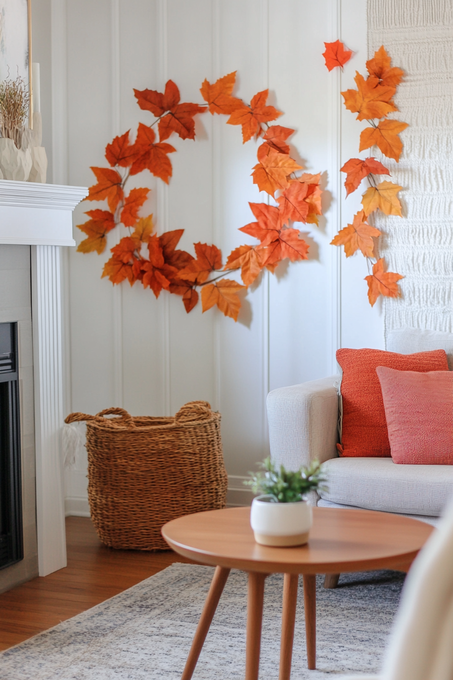 Fall living room. Mid-century style teak table with minimalist autumn leaf garland.