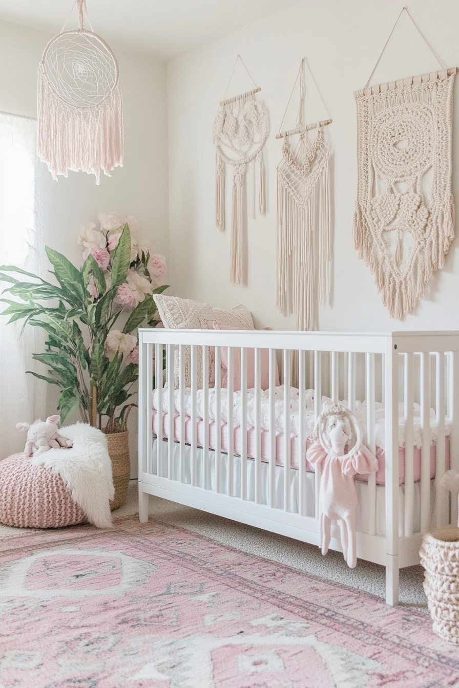 Bohemian nursery. Macrame wall hangings, pastel dream catchers, and muted ethnic rugs.