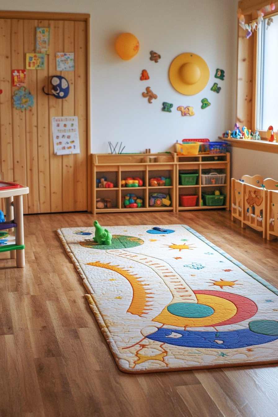 Kids' yoga area. Compact floor mat with Montessori puzzle timeline layout.