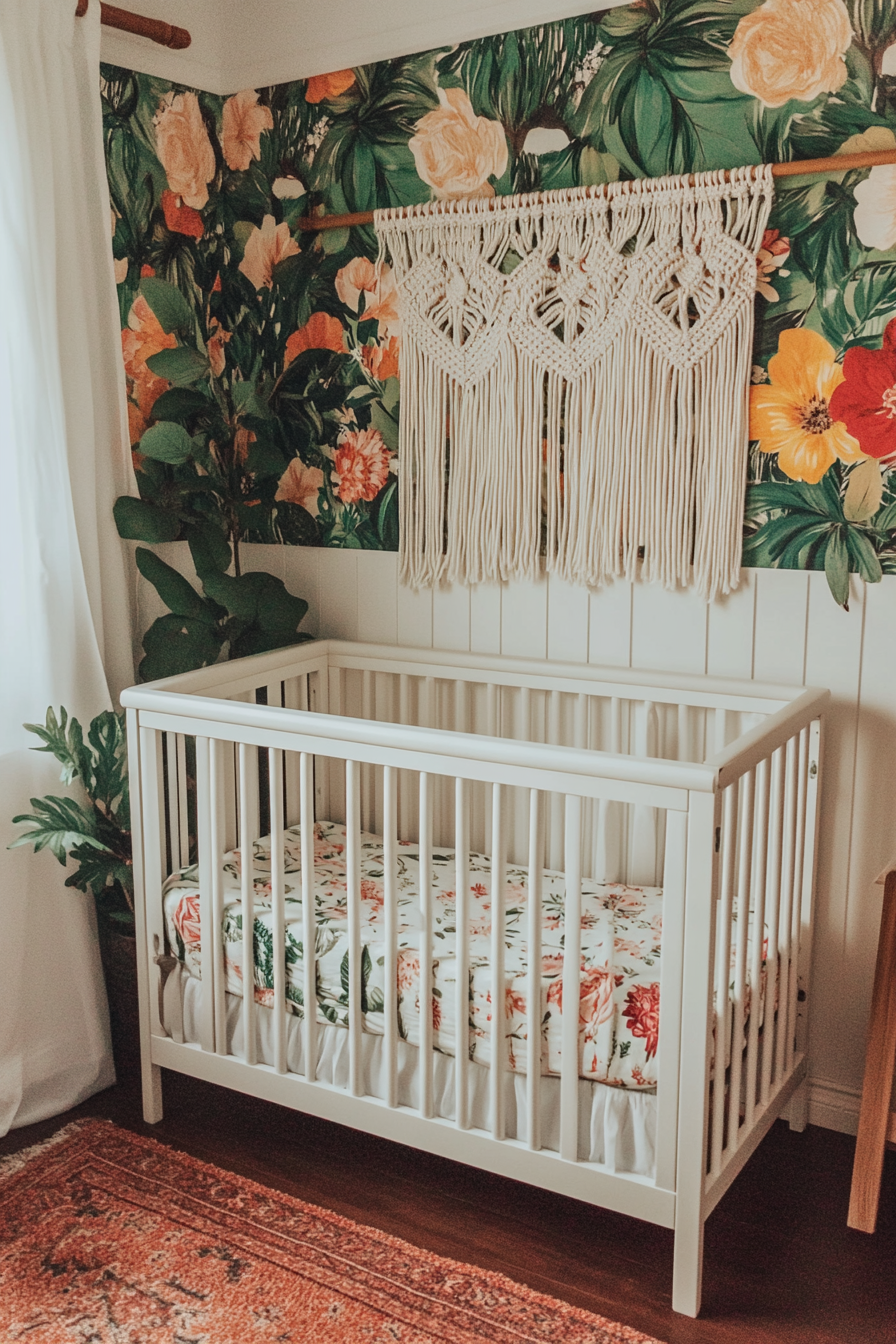 Bohemian nursery. Macrame wall hangings and floral pattern crib bedding.