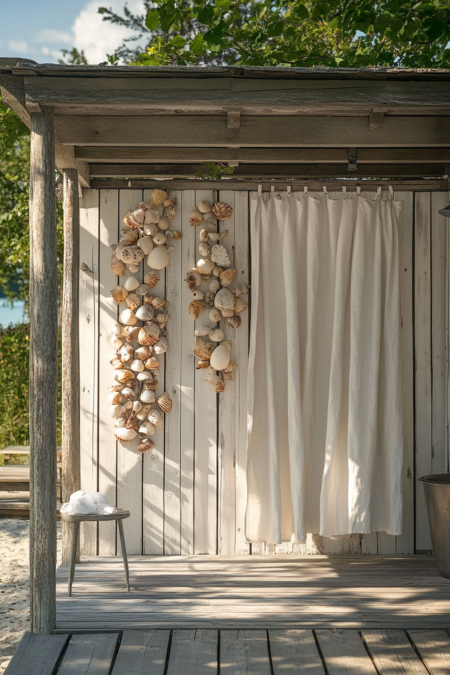 Outdoor shower setup. White, driftwood-inspired paneling with seashell-embellished curtain.