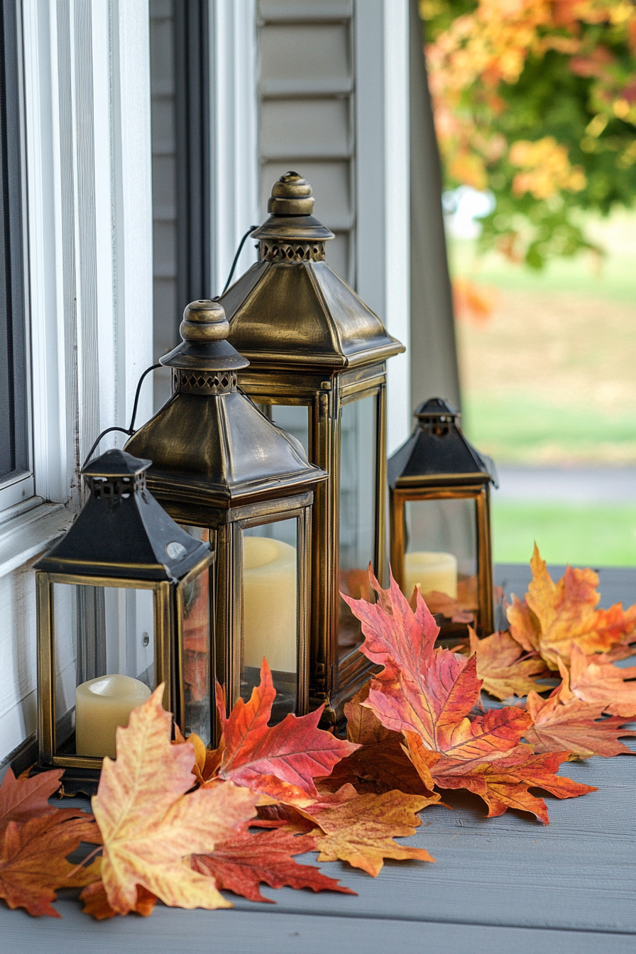 Fall porch. Antique brass lanterns with orange and red maple leaves.