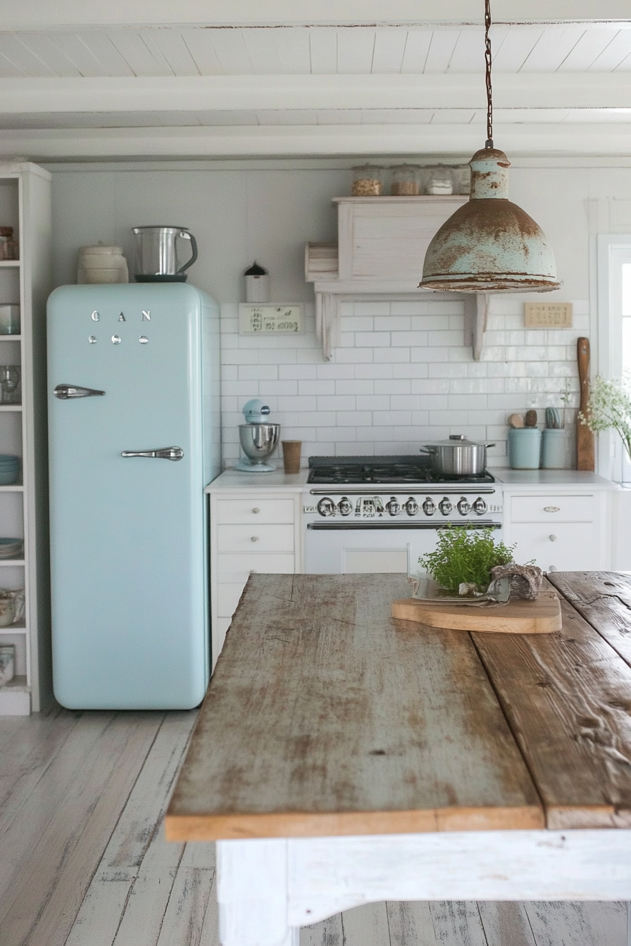 Coastal-themed kitchen. White cupboards, rustic wooden island, pale blue vintage-style fridge.