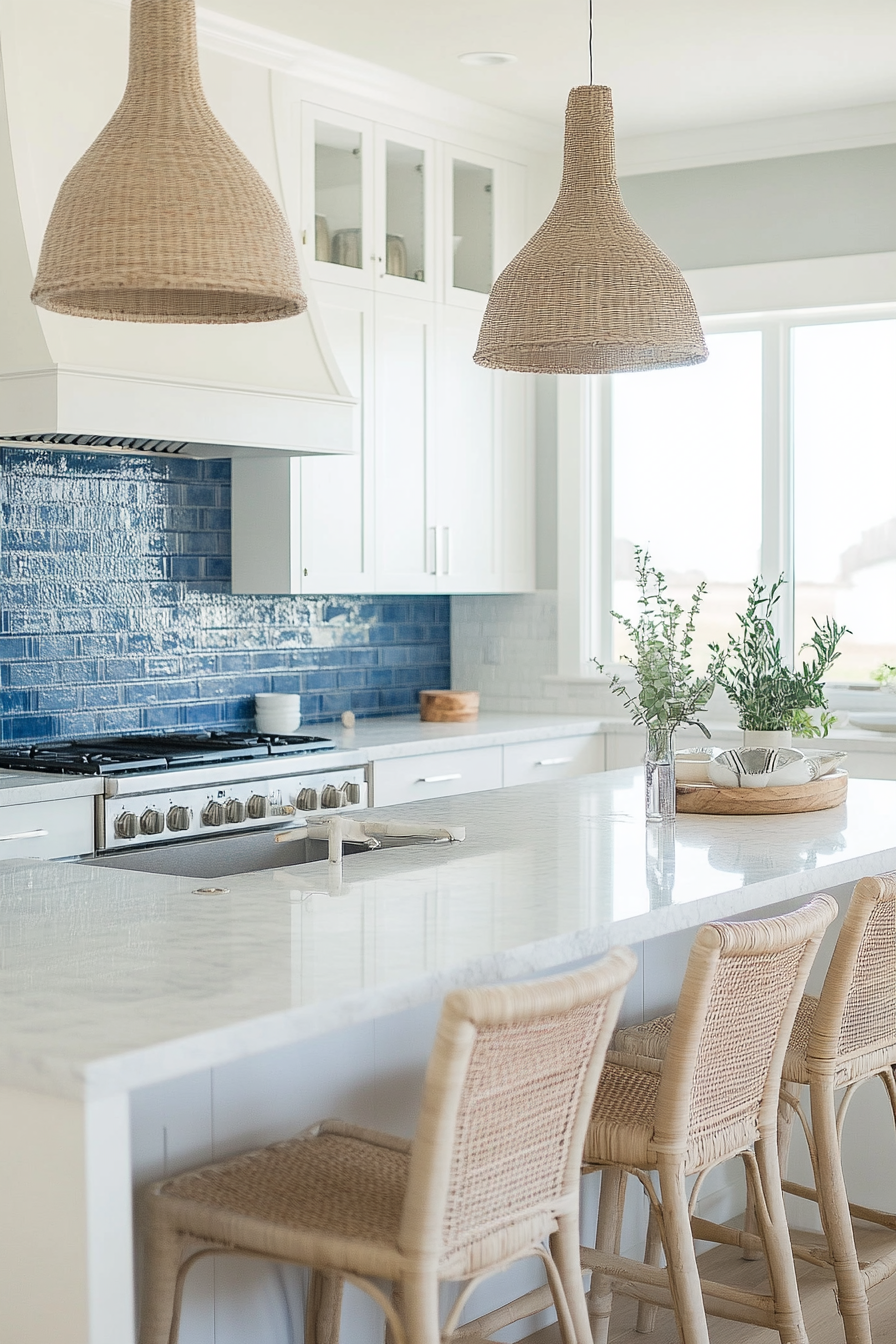 Coastal Modern Kitchen. White marble countertops with blue tile backsplash.