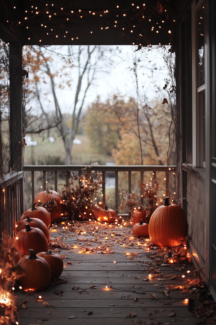 Fall porch. Pumpkin patch with extreme strands of scattered fairy lights.