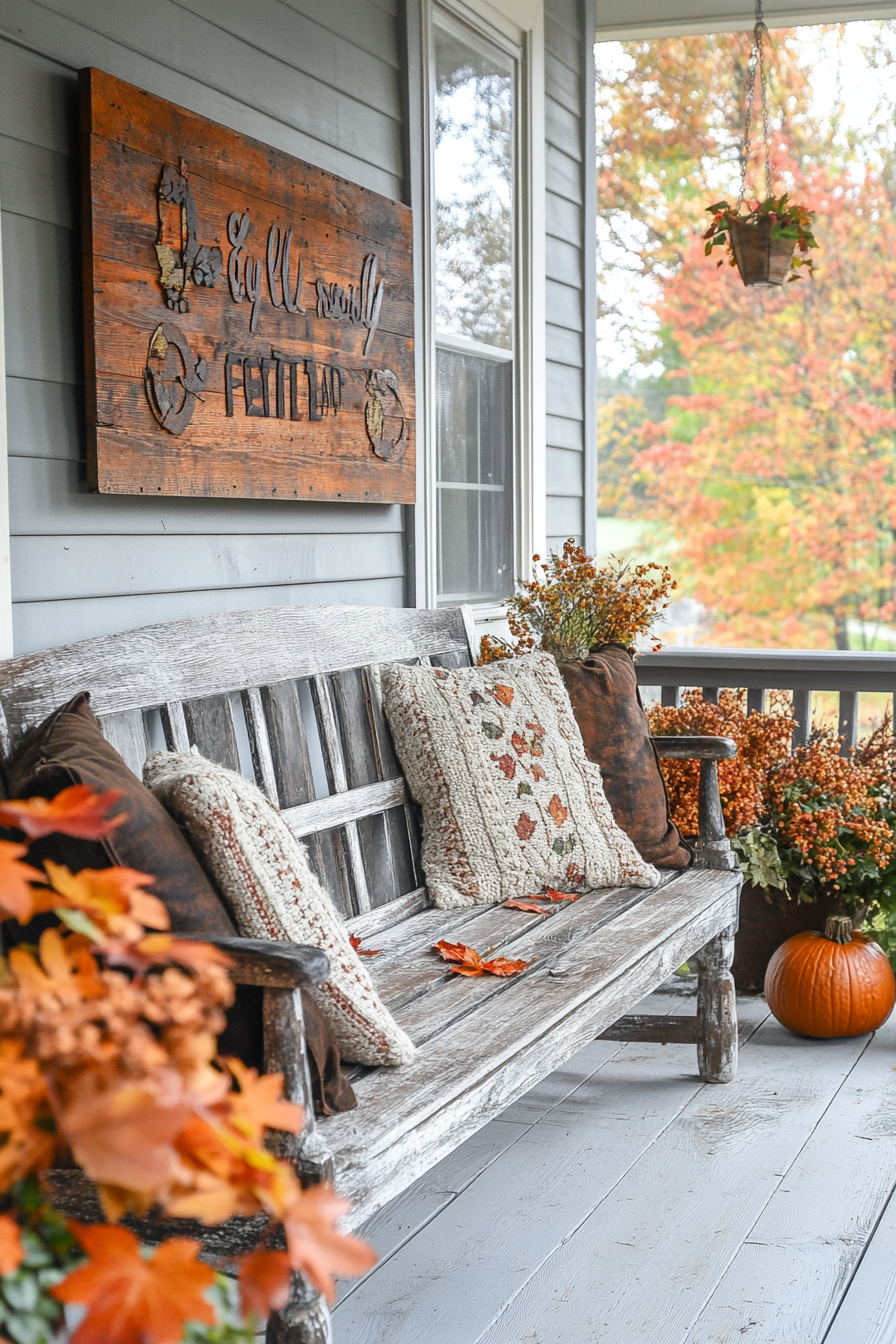 Fall porch. Repurposed barnwood sign with muted rust and oak leaf accents.