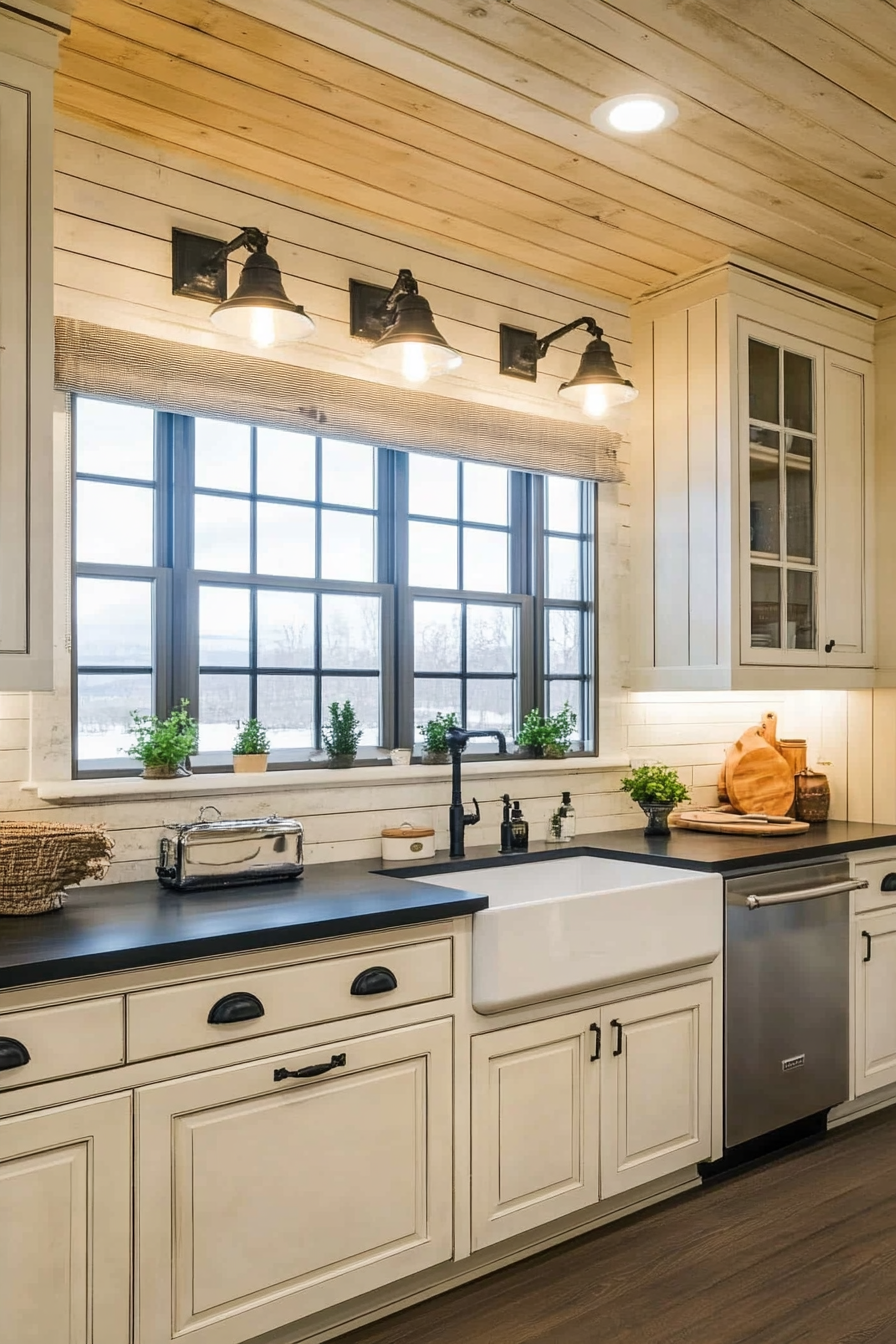 Farmhouse kitchen. Distressed white cabinets with matt black countertop and shiplap walls.